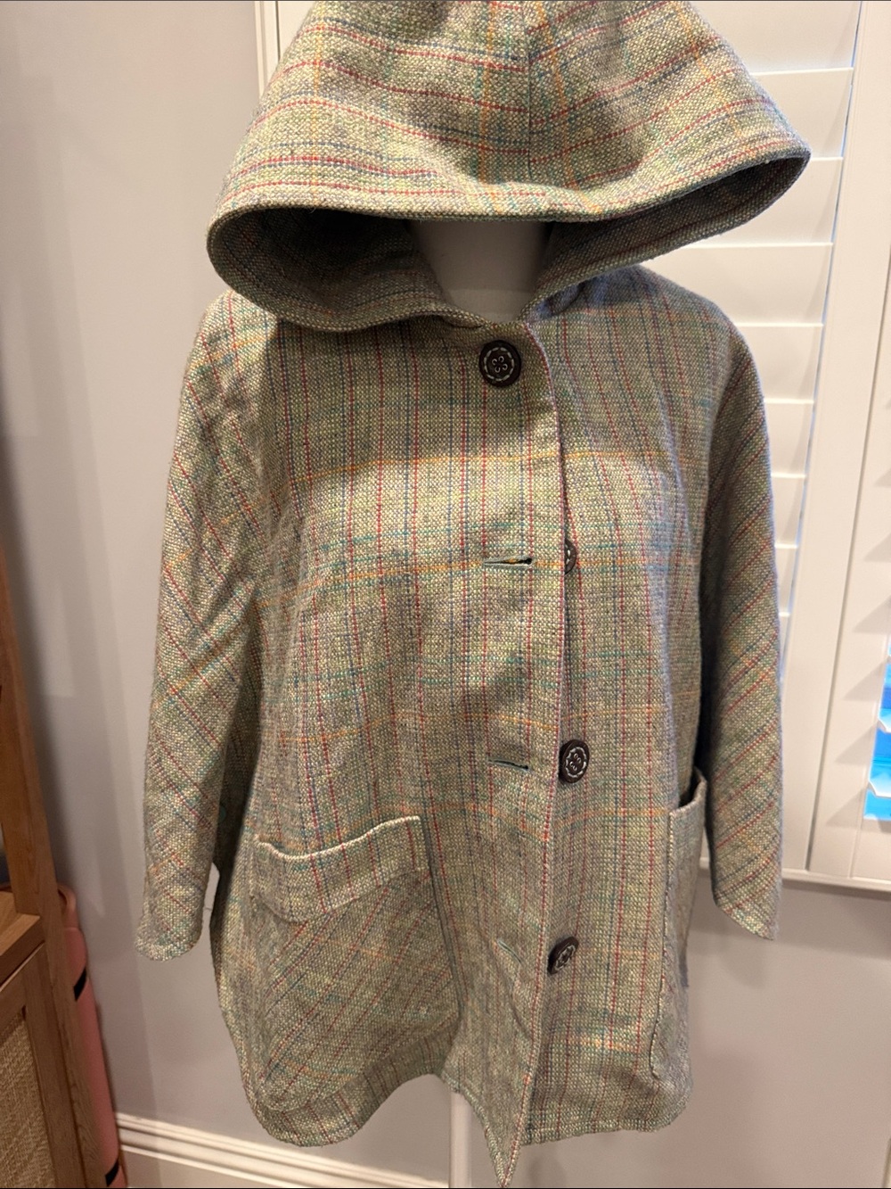 Hooded Tweed Coat with Multicolor Threading